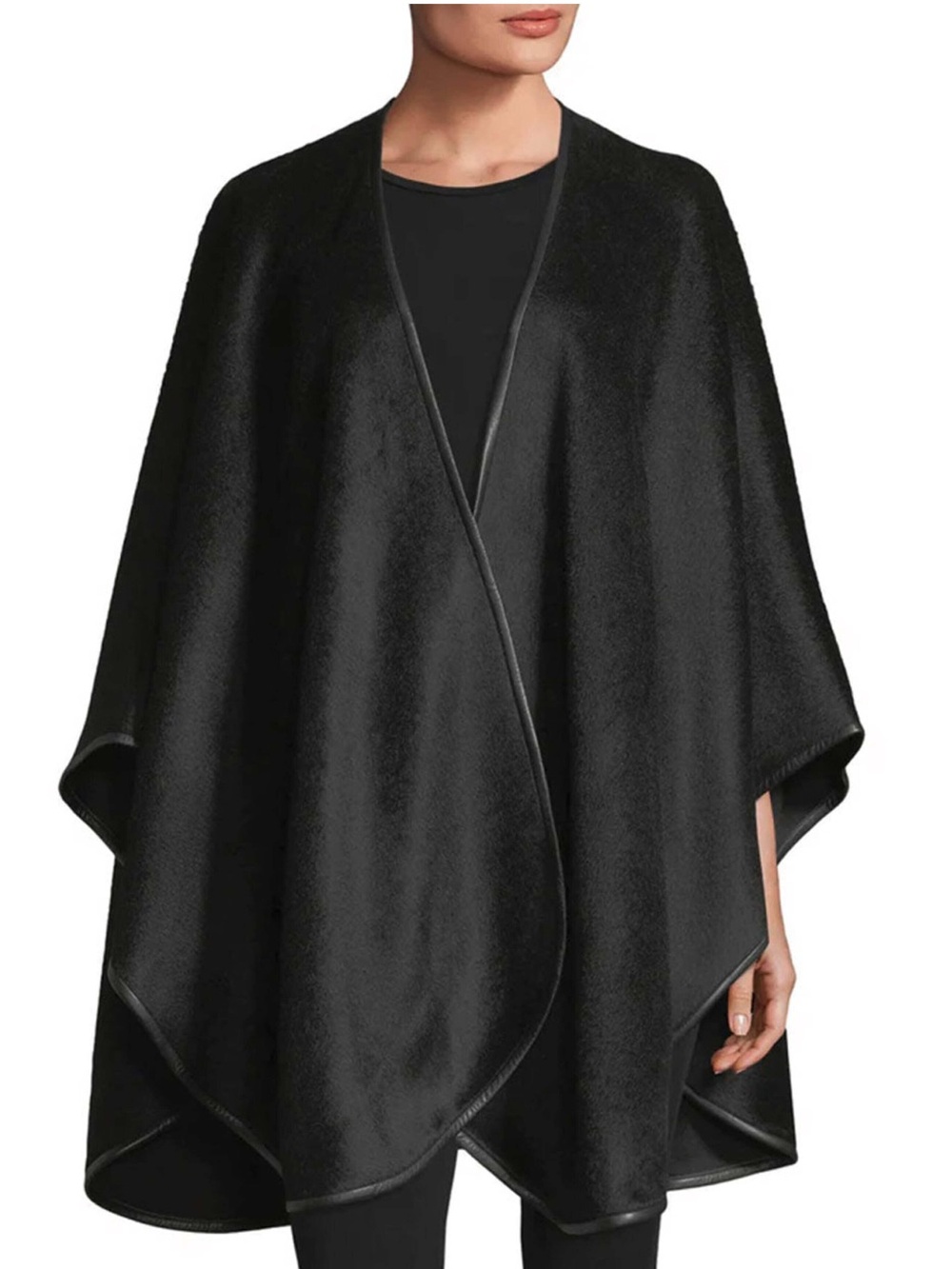 Sofia Cashmere Baby Alpaca Cape Leather Trim Women’s One Size Black Wrap Shawl